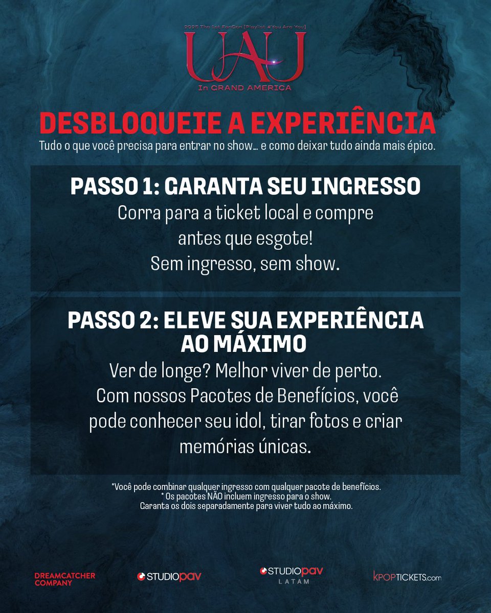 studiopav_latam's tweet photo. #InSomnia, aqui está a informação sobre os ingressos e o cronograma de vendas para ❣️ UAU 2025 The 1st FanCon [Playlist #You Are You] in Grand America ❣️

Em breve vamos compartilhar mais detalhes sobre os locais, horários e datas de venda de ingressos e pacotes de benefícios. Obrigada pela paciência! 🎟️

🚨 Os pacotes de benefícios VVIP e VIP não incluem o ingresso de admissão ao show. Eles são opcionais e servem para elevar sua experiência, disponíveis para todos que adquirirem ingresso para o show. É obrigatório ter ingresso do show para comprar esses pacotes! 🚨

#UAU #Dreamcatcher_UAU #유아유 #인썸니아 @hf_dreamcatcher