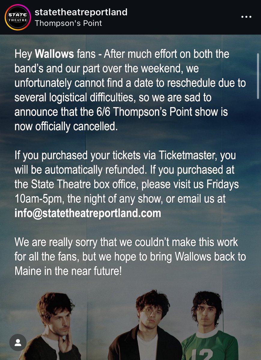 We’re so sorry, Portland. We really wanted to reschedule this one and we were so excited to play for you all, it’s just not possible this time. It sucks. We promise we will be back for our first Maine show as soon as we possibly can in the future. Much love to you all. ❤️