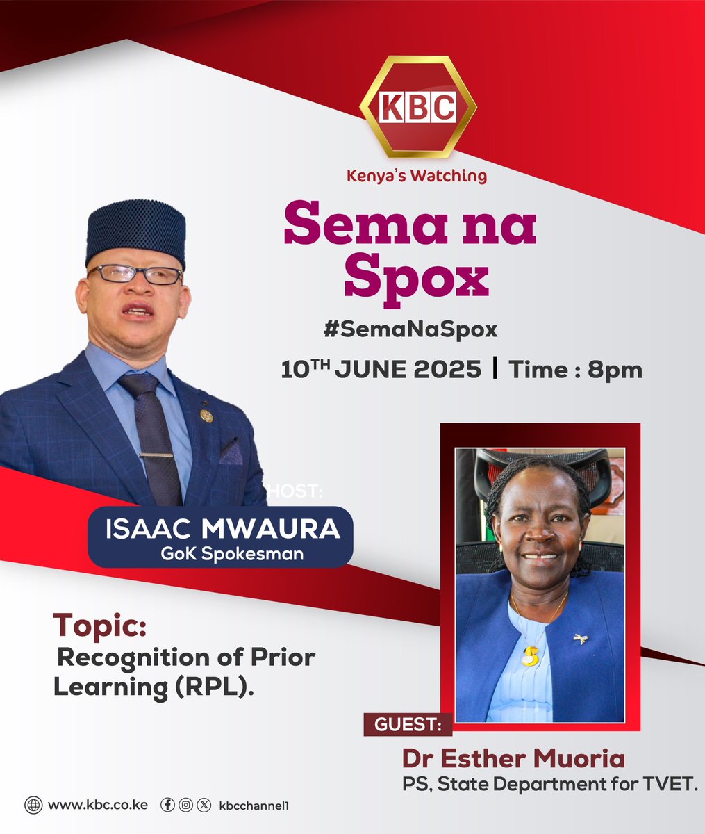 This evening, join the conversation as we will be discussing the milestones in the TVET sector as well as how the Recognition of Prior Learning (RPL) is set to ensure that all Kenyans with qualifications and they are not certified, are brought into the ecosystem of skills