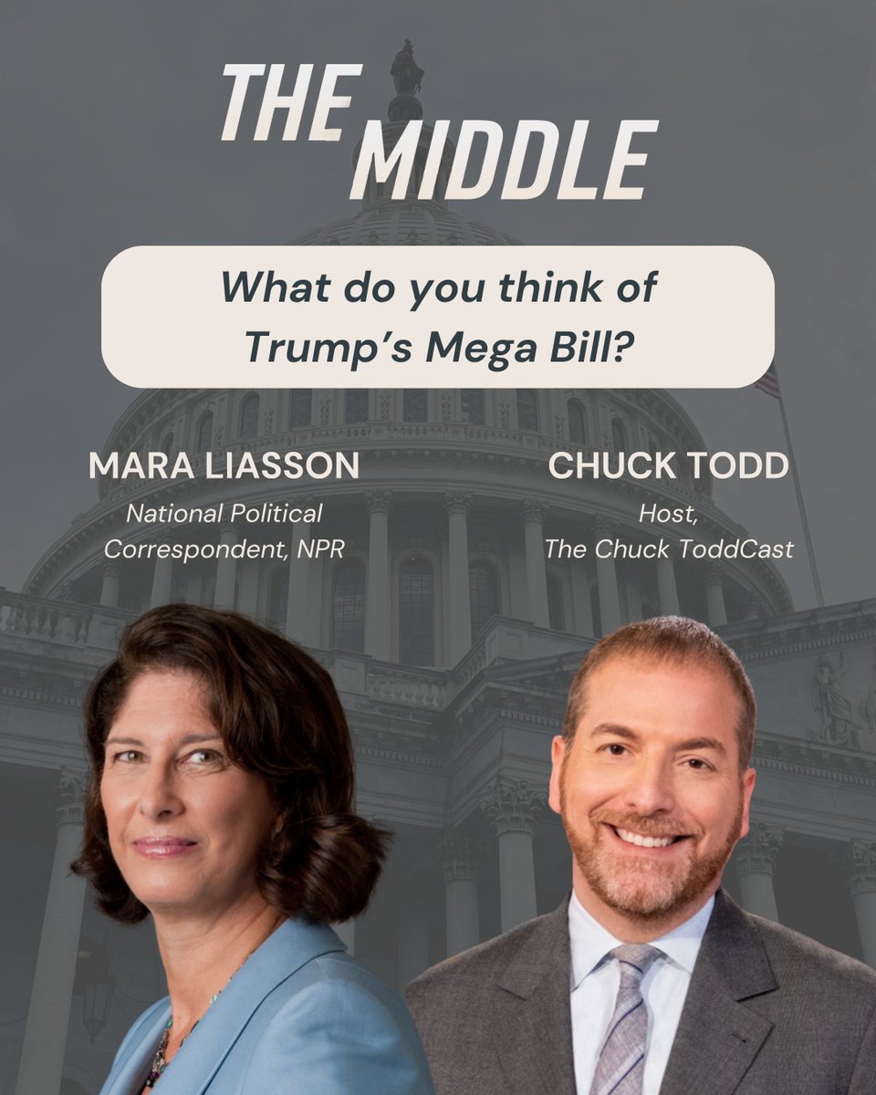 TheMiddle_Show's tweet image. This week, we're asking you: what do you think of Trump's mega-bill?
We'll be joined by @npr National Political Correspondent @MaraLiasson and @chucktodd, host of The Chuck Toddcast.
Listen live on Thursday at 8pm CT on your local NPR station or catch our livestream.