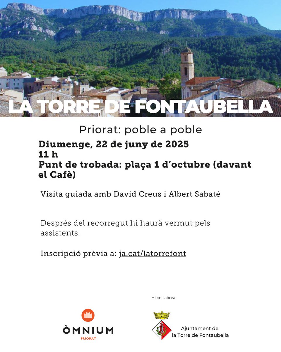 📢 Últim Priorat poble a poble abans de l'estiu! ⛱
  
📅 Diumenge, 22 d'abril
🕚 11 h   
📍 plaça 1 d'octubre (la Torre de Fontaubella)

➡️ Visita guiada a càrrec de David Creus i Albert Sabaté
  
⚠️  Inscripció prèvia a: form.jotform.com/251593651062355