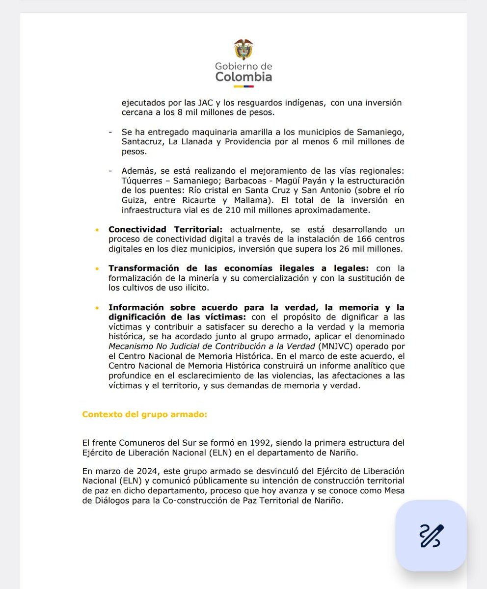 Alexandra Correa (@correalexandra) on Twitter photo El frente #ComunerosdelSur logra acuerdos con el gobierno de <a href="/petrogustavo/">Gustavo Petro</a> con un eje prioritario en 10 municipios de #Nariño: La protección de niños, niñas y adolescentes.
*Contexto: Primera estructura del
Ejército de Liberación Nacional (ELN) en el departamento de Nariño. El frente #ComunerosdelSur logra acuerdos con el gobierno de <a href="/petrogustavo/">Gustavo Petro</a> con un eje prioritario en 10 municipios de #Nariño: La protección de niños, niñas y adolescentes.
*Contexto: Primera estructura del
Ejército de Liberación Nacional (ELN) en el departamento de Nariño.