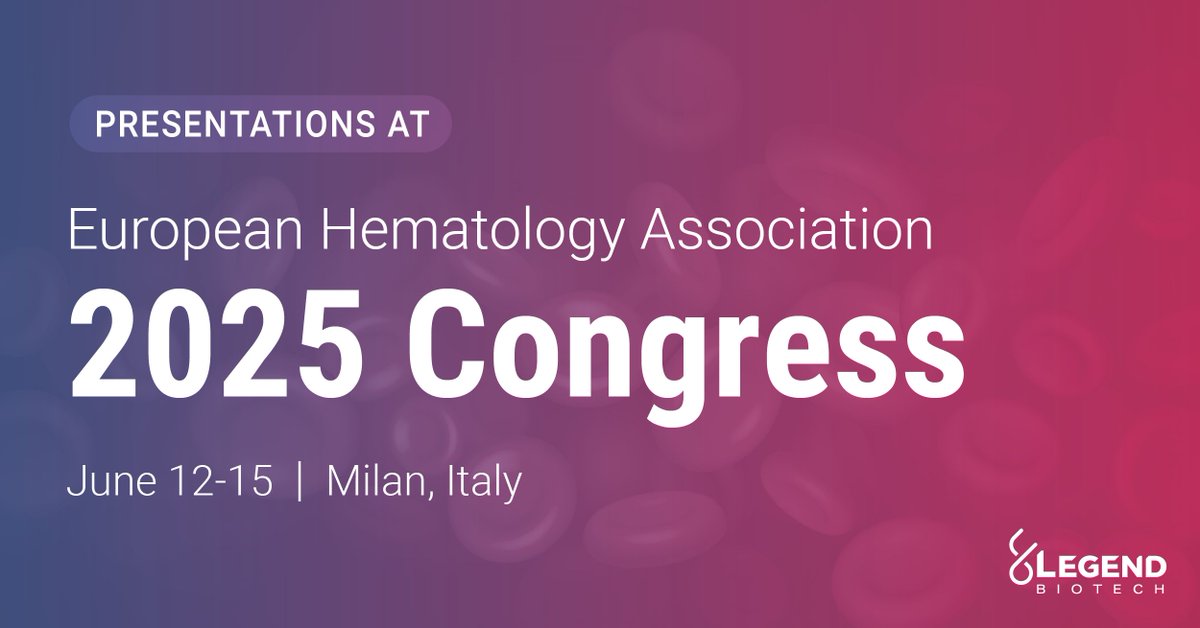 Legend Biotech (@legendbiotech) on Twitter photo Legend Biotech is at the <a href="/EHA_Hematology/">European Hematology Association</a> 2025 Congress! Join us June 12, 2025, 17:00-18:15 CEST for an encore oral presentation of our groundbreaking five-year survival data for our #CART #CellTherapy in relapsed/refractory #MultipleMyeloma. Legend Biotech is at the <a href="/EHA_Hematology/">European Hematology Association</a> 2025 Congress! Join us June 12, 2025, 17:00-18:15 CEST for an encore oral presentation of our groundbreaking five-year survival data for our #CART #CellTherapy in relapsed/refractory #MultipleMyeloma.
