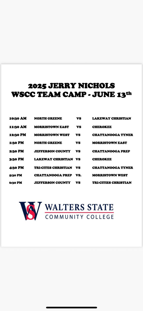 🚨HS Basketball Fans. Our 2025 Team Camp is Loading..

Come watch some of areas top teams compete at our Walters State Team Basketball Camp this Friday-6/13. 
🔴🔵🤘🏽🏀

🎟 $10 all-day wristband
👶 Kids $5| 8 years &amp; under FREE
📍 500 S. Davy Crockett. 37814
🗓️ Friday, June 13th