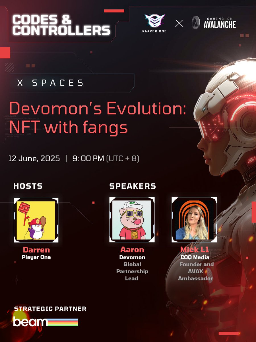 Devomon's Evolution: NFTs with Fangs 🐉

<a href="/OfficialDevomon/">Devomon</a>  
Anime meets Avalanche. Prepare for an RPG where your Evomons aren’t just pets—they’re NFTs with teeth.

📅 DATE: 12 June, 2025 
⏰ TIME: 9 UTC+8 
🔗 CALENDAR: x.com/i/spaces/1OwxW…

👾 Dungeon Masters:
🗡️ <a href="/arronkaefml/">Clarence.</a>
