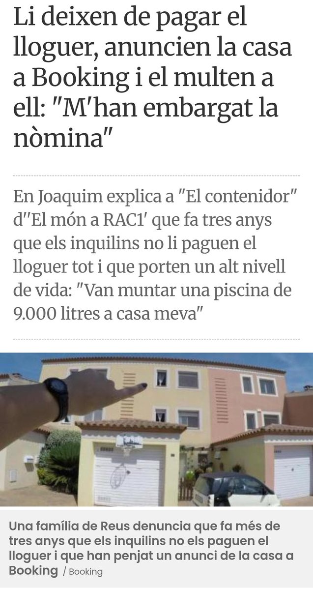 GROTESCO
Los inquilinos llevan SIN PAGAR el ALQUILER durante 3 años.
Se MONTAN una PISCINA de 9.000 litros de agua.
ANUNCIAN la casa en como alquiler VACACIONAL
Y va la Generalitat y MULTA al dueño.
Cataluña NO FUNCIONA.