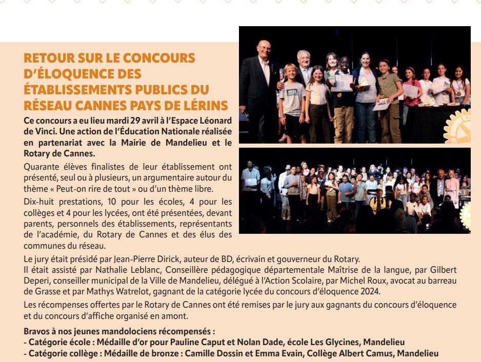 Collège Albert Camus - Mandelieu (06210) (@clgcamus06210) on Twitter photo 📢On parle de nous dans le magazine de <a href="/MandelieuVille/">Mandelieu-La Napoule</a> #MLN - Mag - Juin 2025 page 23.
Une belle performance saluée ! Bravo à Camille et Emma pour leur prestation "Harcèlementalement". #Eloquence 📢On parle de nous dans le magazine de <a href="/MandelieuVille/">Mandelieu-La Napoule</a> #MLN - Mag - Juin 2025 page 23.
Une belle performance saluée ! Bravo à Camille et Emma pour leur prestation "Harcèlementalement". #Eloquence