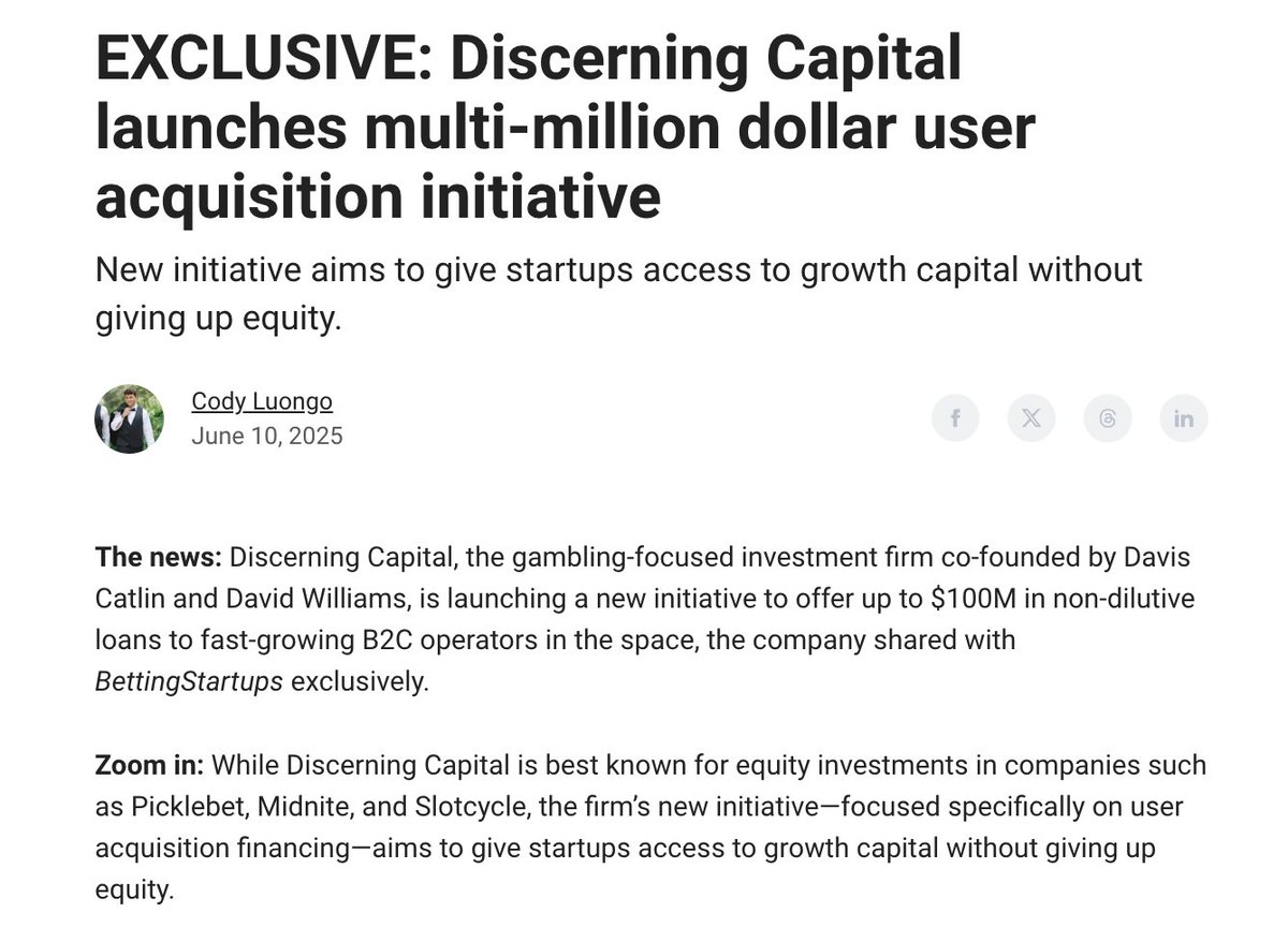 EXCLUSIVE: <a href="/DiscerningCapVC/">DiscerningCapital</a> is launching a new initiative to offer up to $100M in non-dilutive loans to fast-growing B2C operators in the space – allowing companies to effectively borrow against future revenue.

Read more 🗞
news.bettingstartups.com/p/exclusive-di…