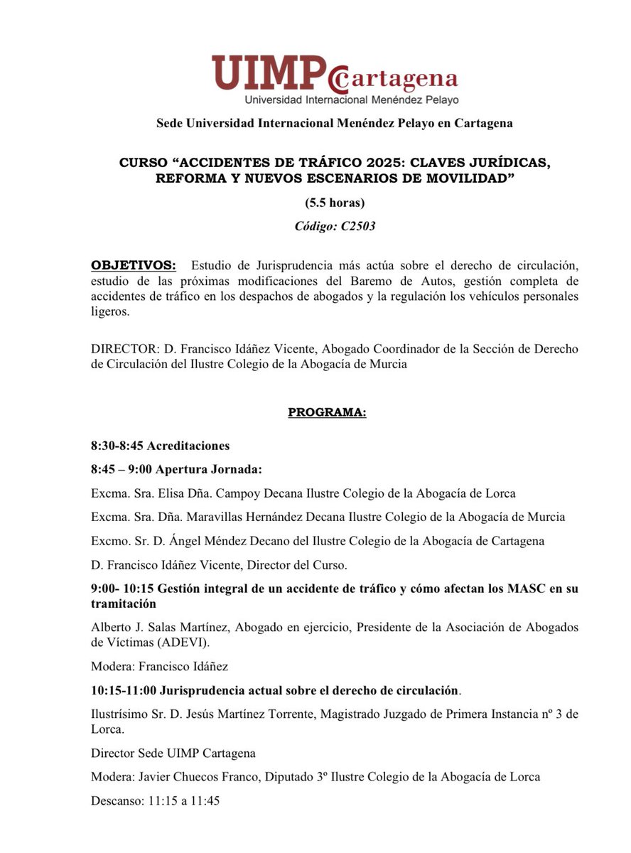 salastraficalia's tweet photo. 📅 13 junio | Curso “Accidentes de Tráfico 2025”
🔍 Claves legales, reforma del baremo y movilidad personal
📍 Lorca o TEAMS | 💶 25 €
🔗 https://t.co/S4PwAHynXO

#Derecho #BaremoAutos #FormaciónJurídica https://t.co/Hn8C7YtUv7