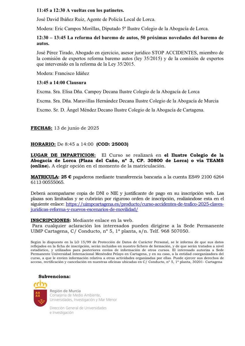 salastraficalia's tweet photo. 📅 13 junio | Curso “Accidentes de Tráfico 2025”
🔍 Claves legales, reforma del baremo y movilidad personal
📍 Lorca o TEAMS | 💶 25 €
🔗 https://t.co/S4PwAHynXO

#Derecho #BaremoAutos #FormaciónJurídica https://t.co/Hn8C7YtUv7
