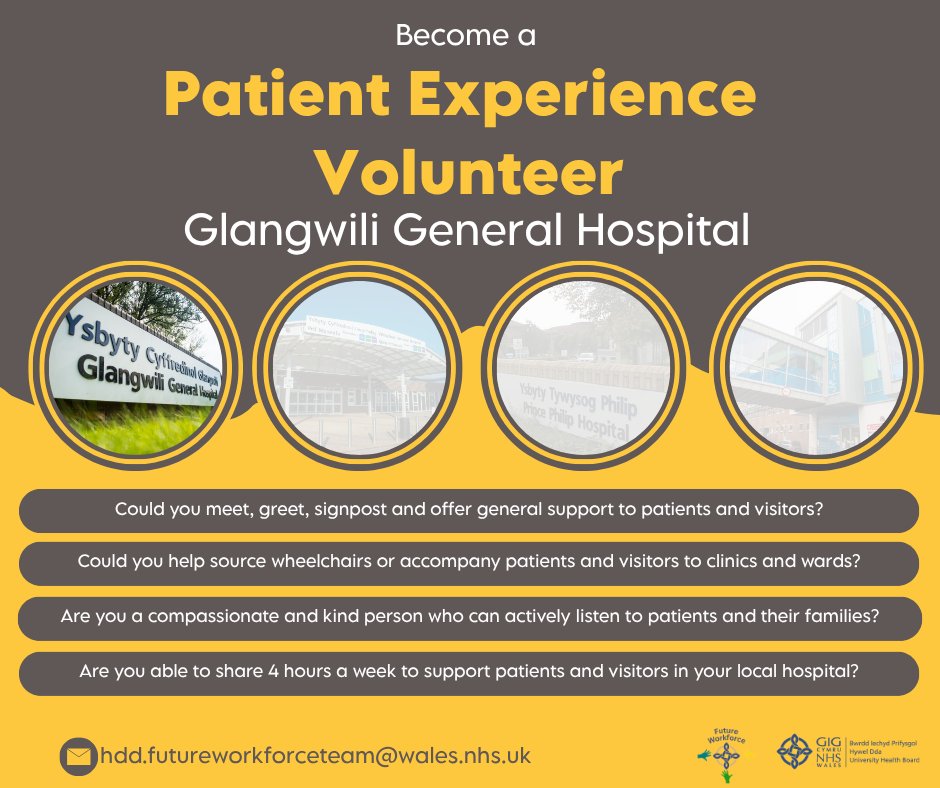 Swyddi Hywel Dda Jobs (@swyddihddajobs) on Twitter photo Become a Patient Experience Volunteer
📍Glangwili General Hospital
⭐Could you meet, greet, signpost and offer general support to patients and visitors?
Get in touch to get involved...
📧 hdd.futureworkforceteam@wales.nhs.uk Become a Patient Experience Volunteer
📍Glangwili General Hospital
⭐Could you meet, greet, signpost and offer general support to patients and visitors?
Get in touch to get involved...
📧 hdd.futureworkforceteam@wales.nhs.uk