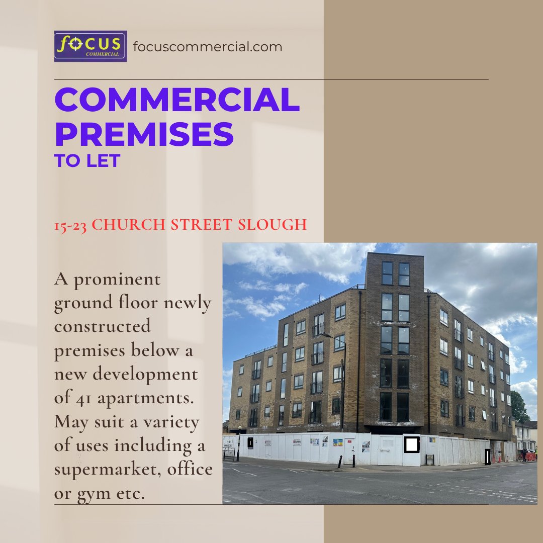 A prominent new-build ground floor premises measuring located in a corner position close to Slough High Street. Shell &amp; core specification and forms part of a development of 41 flats above. May suit a variety of uses including a supermarket, office and gym etc stpp.