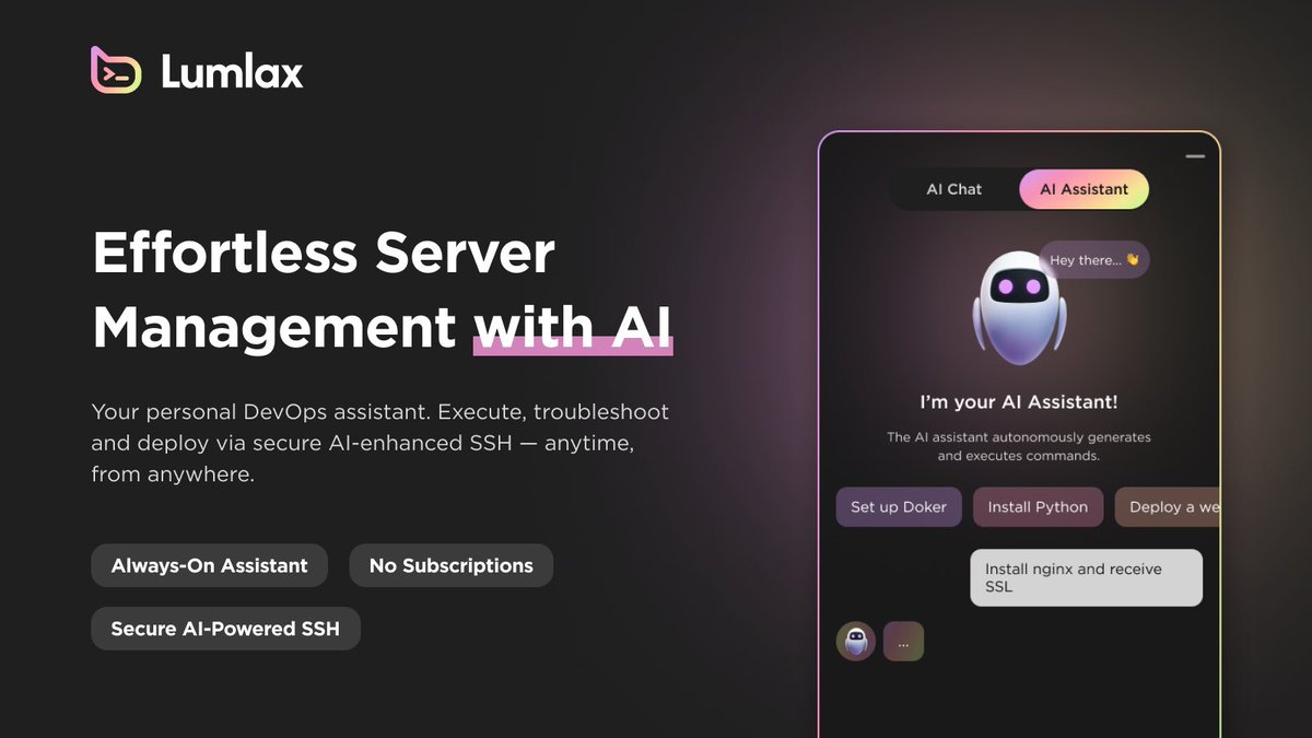 lumlax's tweet image. Lumlax is LIVE!
AI-powered server manager accessible right from your browser. Plus:
➡️ Shell assistance.
➡️ Secure SSH connections.
➡️ No installations.
➡️ Quick, simple, made for clarity.
👉 lumlax.com
Get free 250 credits daily.
#TrendNow #technology #AI #devOps