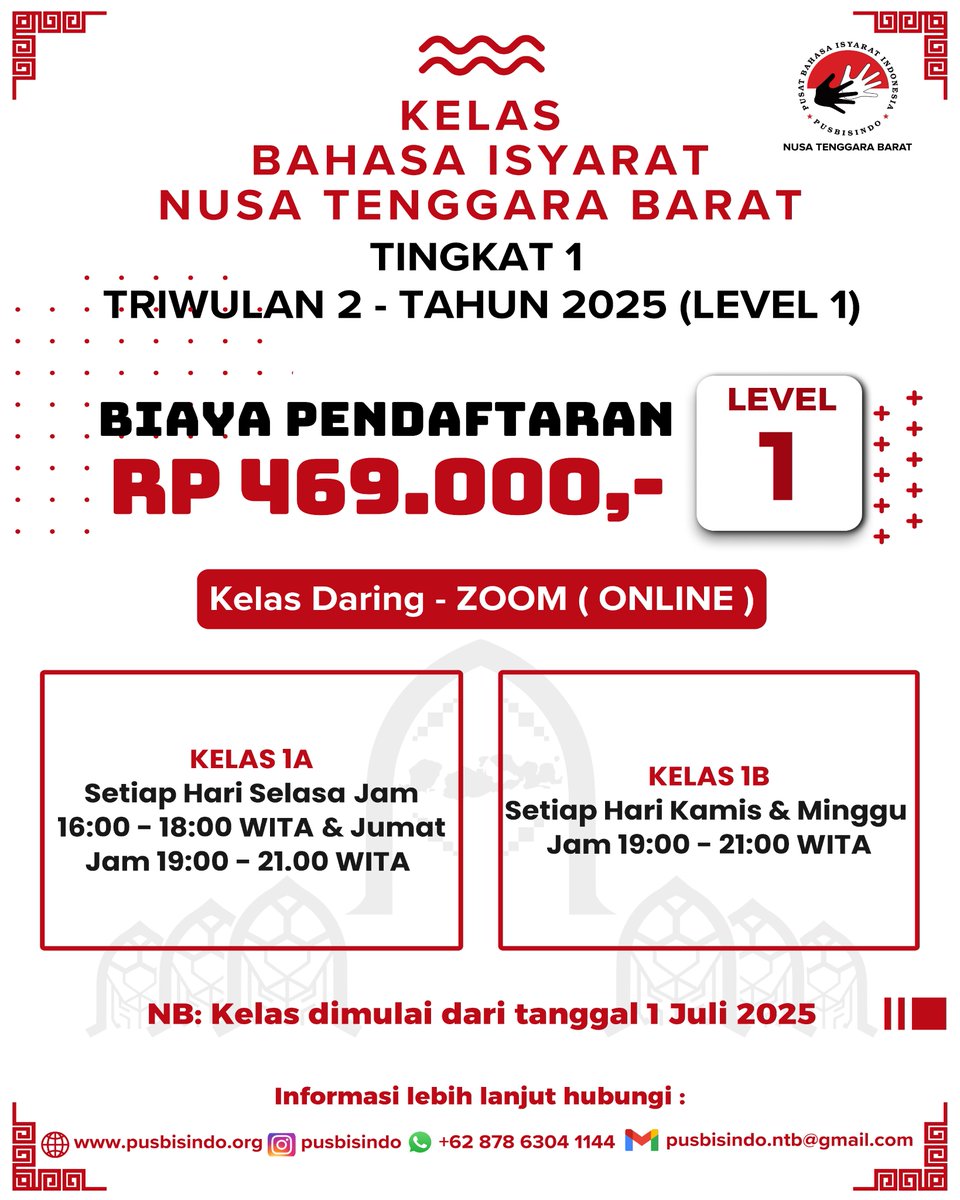 Pendaftaran kls bahasa isyarat level 1 area Nusa Tenggara Barat telah dibuka!

Utk pendaftaran kelas bahasa isyarat NTB, klik link : s.id/DAFTAR_NTB15

Utk  pertanyaan / info lbih lanjut, bisa hubungi Pusbisindo NTB via WA: wa.link/zalfhr

#kelasbahasaisyarat
