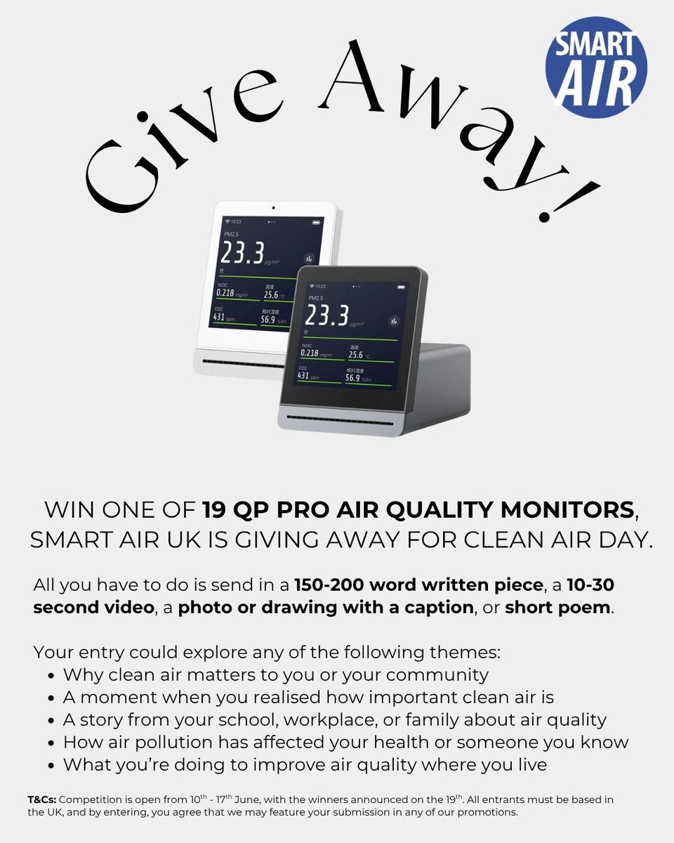 🎉 We're giving away 19 QP Pro air quality monitors to 19 winners on 19 June for #CleanAirDay!

To enter, you must be UK-based and submit a short story, video, poem, or image that shows why clean air matters to you.
 
📅 Deadline: 17 June 2025 

Enter now: forms.gle/wGtnBjGKESf8cv…