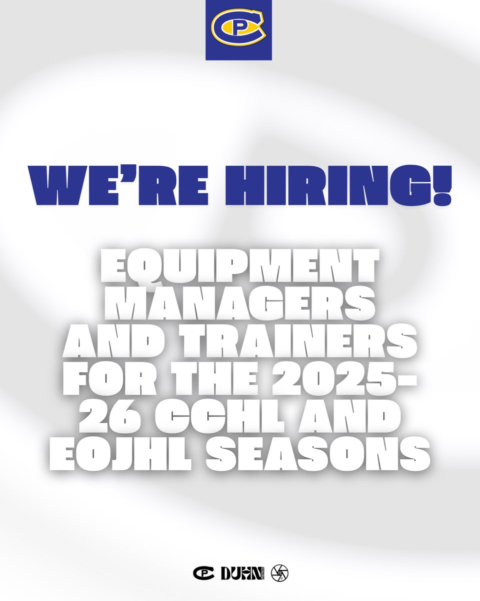 X - Carleton Place Canadians (@cpcanadians) on Twitter photo WE’RE HIRING!
We are currently looking for Trainers and Equipment Managers for our Jr A and Jr B staffs for their respective seasons.
If interested, please email your resume with appropriate experience to cpcanadians.cchl@gmail.com
🔵🟡🔵
#CPC WE’RE HIRING!
We are currently looking for Trainers and Equipment Managers for our Jr A and Jr B staffs for their respective seasons.
If interested, please email your resume with appropriate experience to cpcanadians.cchl@gmail.com
🔵🟡🔵
#CPC