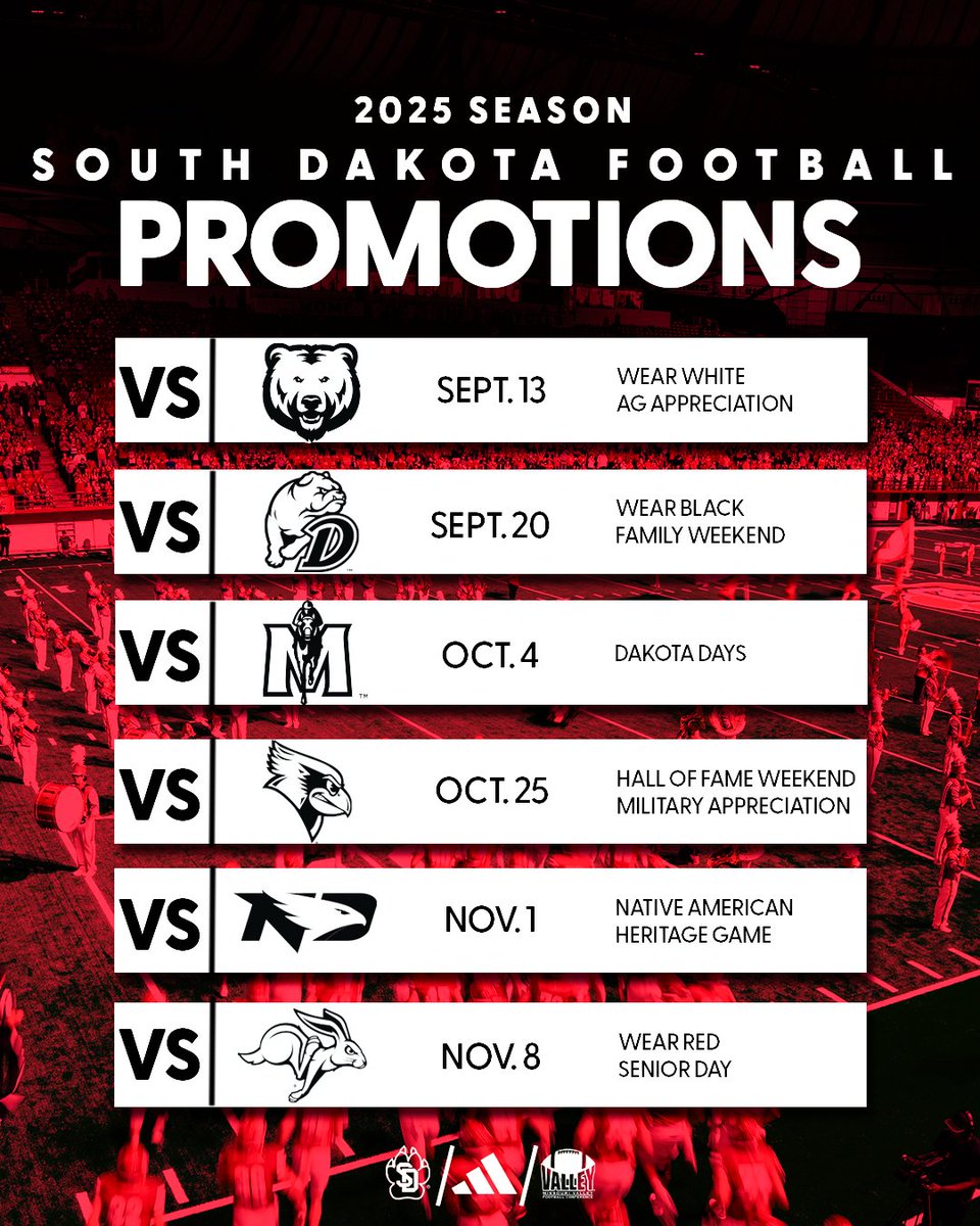 Mark your calendar, Yotes! 📅

The 2025 football promotion schedule has dropped!
📰: yote.us/3SJti6Q

#GoYotes x #WeAreSouthDakota