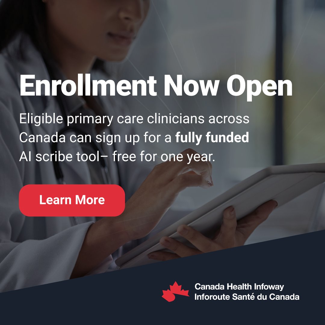 The AI Scribe Program is officially live! Up to 10,000 eligible primary care clinicians across Canada can now register for a fully funded, one-year license to use an AI-powered documentation tool that helps reduce admin work and give time back to care. bit.ly/4kC2hP6