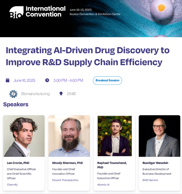 AtomicAICo's tweet image. Join Atomic AI at #BIO2025 in Boston! We’re excited to be part of the panel:
🧬 “Integrating AI-Driven Drug Discovery to Improve R&D Supply Chain Efficiency”
📆 June 16 | 3–4 PM
📍 254B
bit.ly/4jvX3TI
