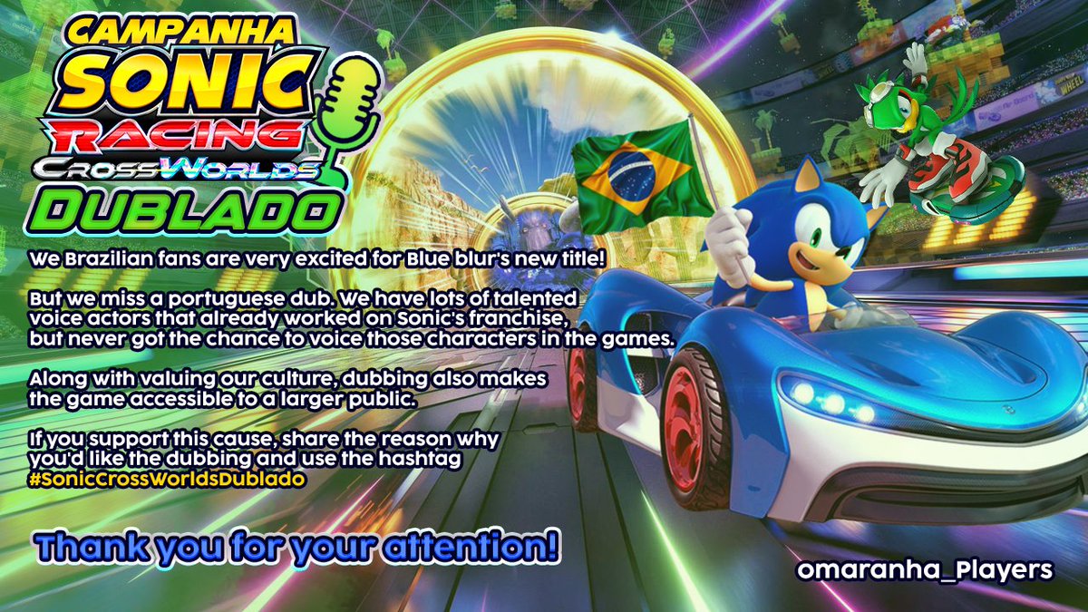 CentralJotaP's tweet photo. HEY SONIC FANS AROUND THE WORLD!!!!! 

As a iniciative from @Omaranha_player, Brazilian Fans are doing a campaign so SEGA can dub Sonic Racing Crossworlds in Brazilian Portuguese! We're using the hashtag #SonicCrossWorldsDublado 

Could you help us out? 👊💙🔥 https://t.co/LFOOs8GFTb