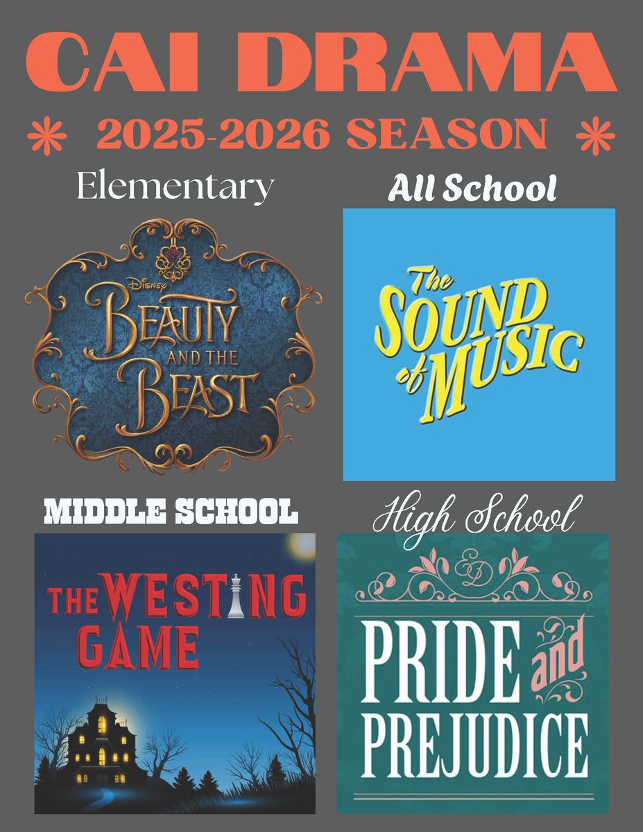 Our CAI Theatre Department is excited to announce the 2025-2026 Show Season!
Mark your calendars now! It's a season you won't want to miss!