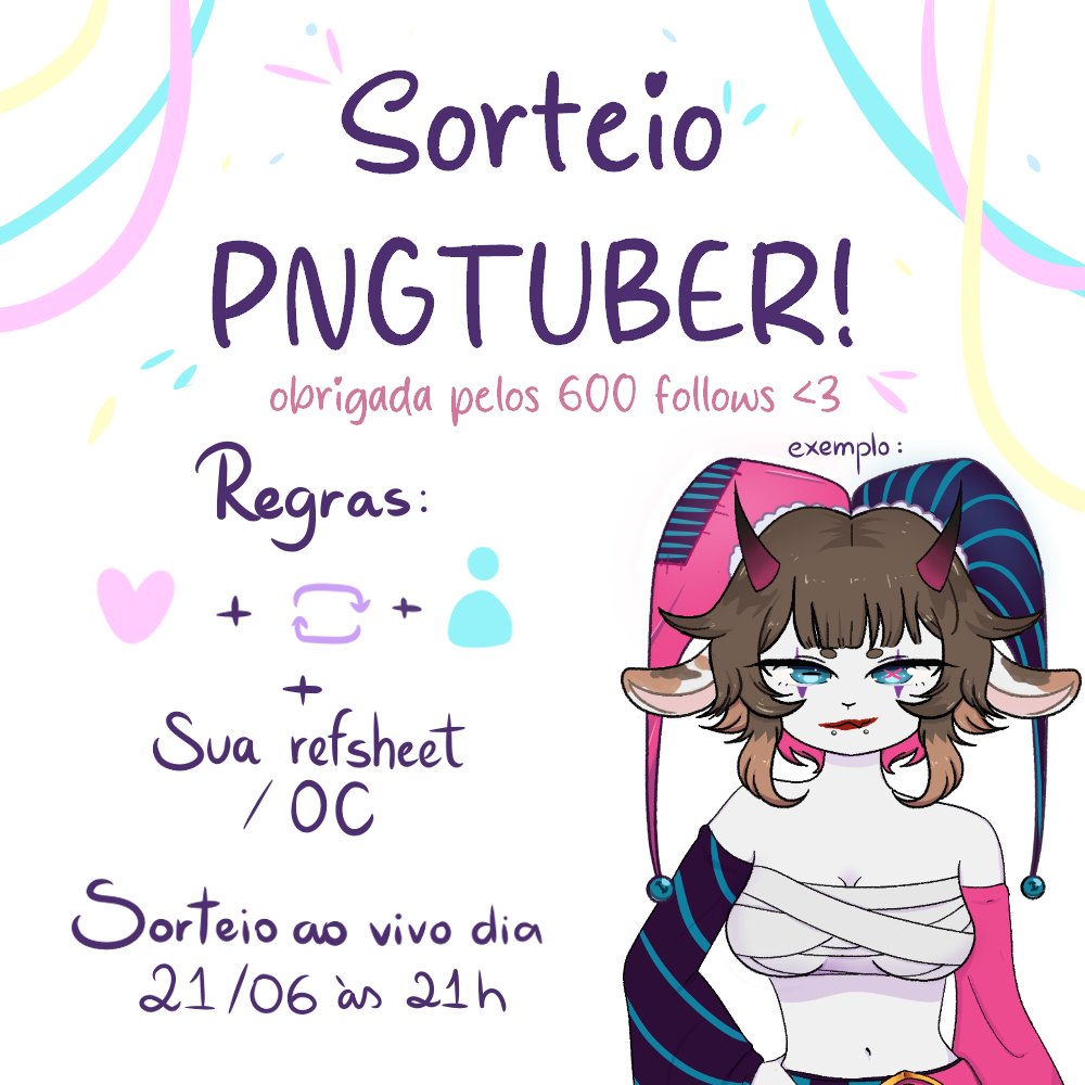 ₊˚⊹ ʚɞ sorteio de pngtuber ʚɞ⊹˚₊

pra agradecer vocês pelo carinho, eu vou fazer um sorteio de PNGTuber! 

Será um PNGTuber +1 expressão (à sua escolha) 💜

será 1 ganhador, mas a cada 100 likes terá +1 ganhador!

Boa sorte!💜