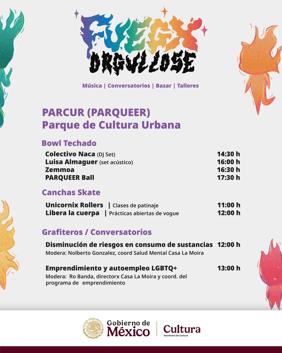 CC_LosPinos's tweet photo. Junio arde con orgullo en @CC_LosPinos y @parcur_cdmx .

Una celebración disidente con arte, música, pasarelas, teatro, patines, conversación y pura resistencia queer.

Este mes, encendemos el fuego de la diversidad con actividades para todas las identidades y expresiones. https://t.co/EN5xbezmDQ