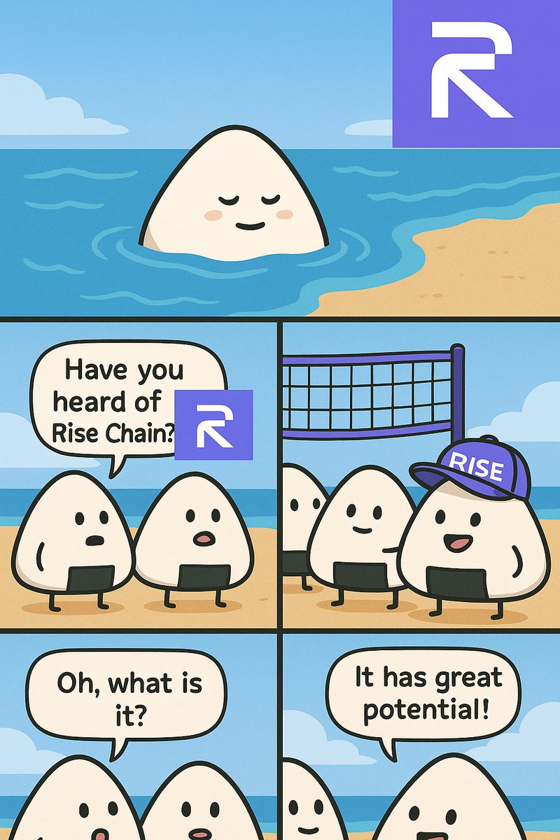 An onigiri floats calmly in the ocean, enjoying the moment.

The group near the net begins a conversation. One onigiri wearing a RISE cap stands confidently as the others listen.

 One asks, Have you heard of Rise Chain? The other replies, Oh, what is it?

<a href="/rise_chain/">RISE</a>