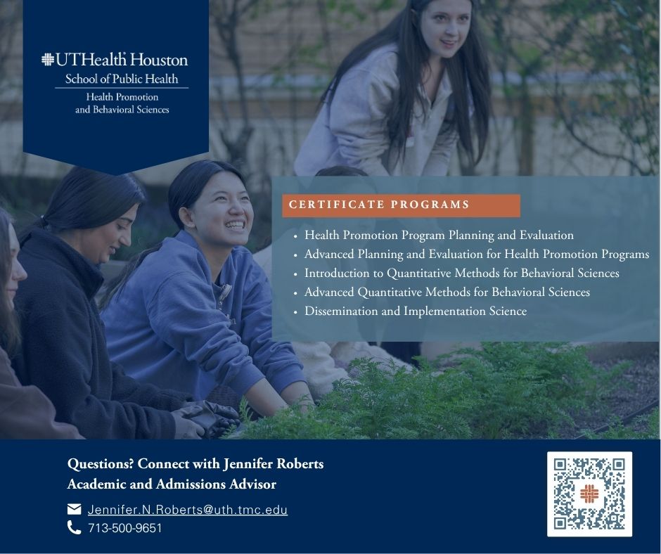 The Dissemination and Implementation Science Certificate Program is one of five offered by the UTHH School of Public Health Department of Health Promotion and Behavioral Sciences for both degree-seeking and non-degree seeking students! Learn more at: loom.ly/of8rmLw