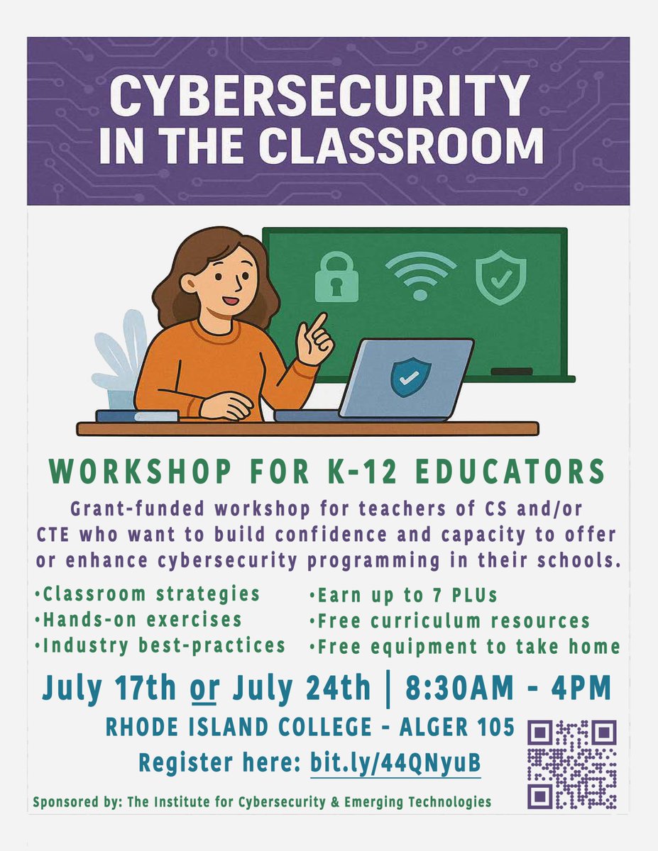 🚨 K-12 CS &amp; CTE Teachers: Ready to bring cybersecurity to your classroom? Join us for a free, hands-on professional development workshop this summer!

📅 July 17 or July 24
🕣 8:30 AM – 4:00 PM
✅ Earn 7 PLUs + a classroom tech kit!

Register now ➡️ bit.ly/44QNyuB