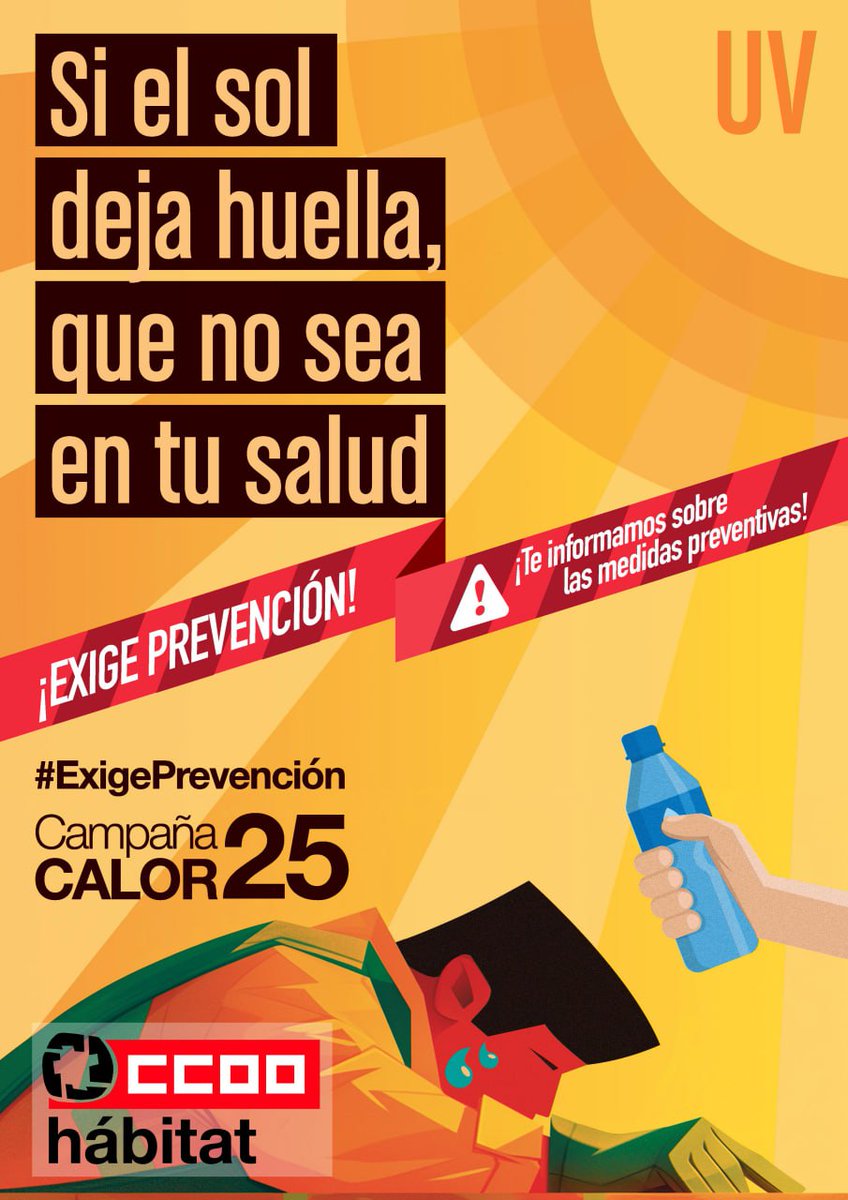 CCOO del Hábitat de Euskadi (@ccoohabitat_eu) on Twitter photo 🌞 <a href="/CCOOHabitat_EU/">CCOO del Hábitat de Euskadi</a> lanza la campaña anual contra el calor en Euskadi: "Si el sol deja huella, que no sea en tu salud"🤒
Jornada continuada para evitar golpes de calor y cáncer de piel.
⚠️ #ExigePrevención 🌞 <a href="/CCOOHabitat_EU/">CCOO del Hábitat de Euskadi</a> lanza la campaña anual contra el calor en Euskadi: "Si el sol deja huella, que no sea en tu salud"🤒
Jornada continuada para evitar golpes de calor y cáncer de piel.
⚠️ #ExigePrevención