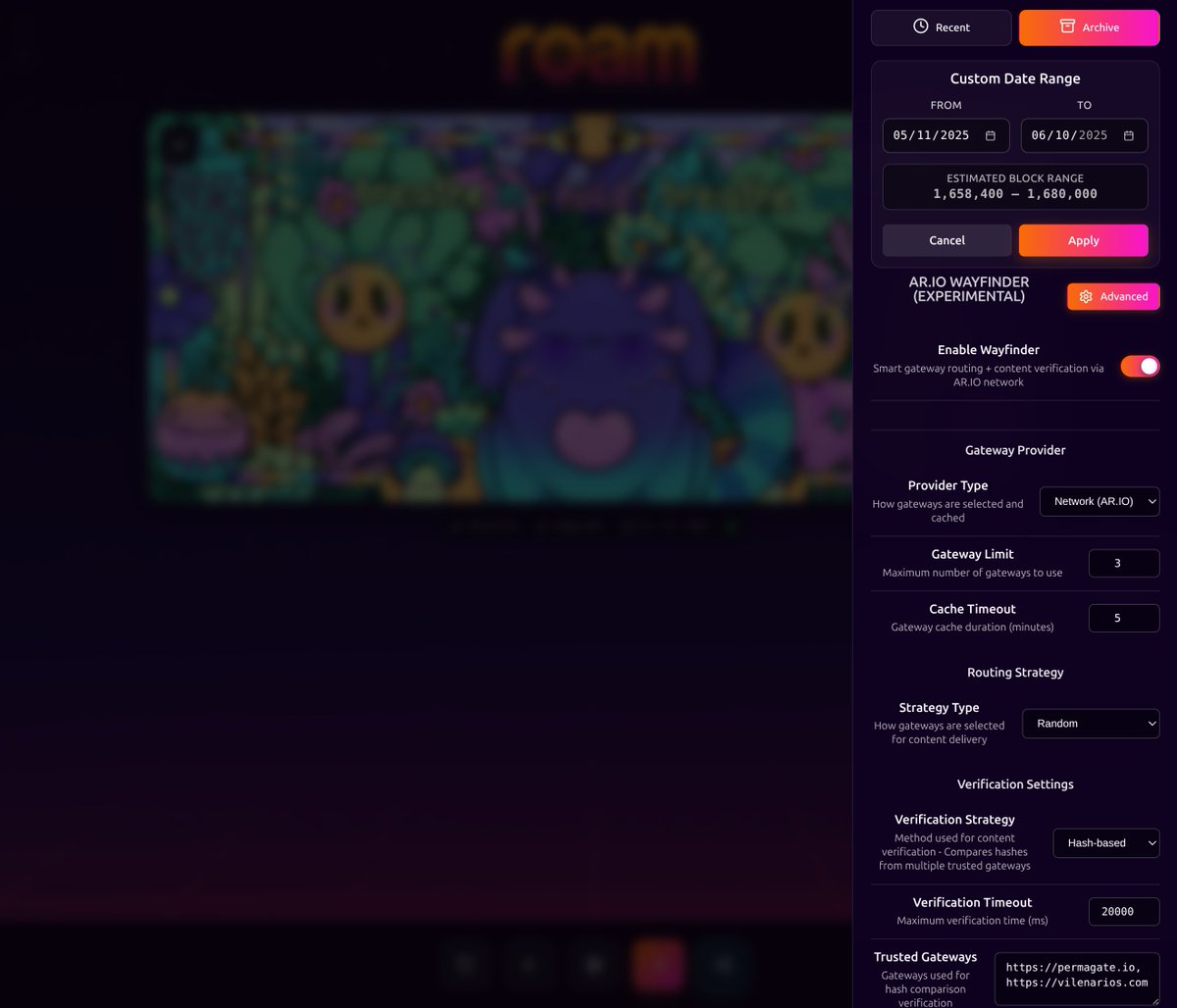 Internet Child (@0xinternetchild) on Twitter photo Wayfinder has already been integrated into <a href="/roamthepermaweb/">Roam The Permaweb</a>
You just need to turn it on in the settings and the <a href="/ar_io_network/">ar.io network</a> will run consensus on the hashes of the content served to verify it corresponds to the information stored on chain
Building verifiable provenance in Wayfinder has already been integrated into <a href="/roamthepermaweb/">Roam The Permaweb</a>
You just need to turn it on in the settings and the <a href="/ar_io_network/">ar.io network</a> will run consensus on the hashes of the content served to verify it corresponds to the information stored on chain
Building verifiable provenance in