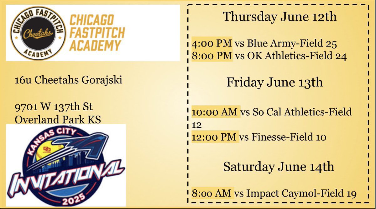 Come check us out this week in Kansas!! 

<a href="/Cheetahs16uDG/">Chicago Cheetahs -Gorajski</a>
