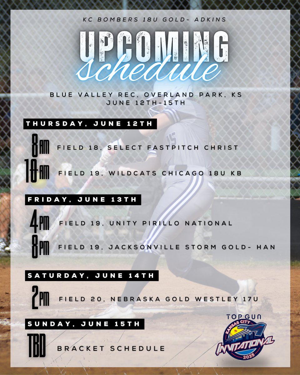KC Bombers Gold-Adkins (@kcbombersadkins) on Twitter photo We look forward to playing this weekend in the <a href="/TopGunEvents/">Top Gun Events</a> TOP GUN INVITE tournament!
⏰ See you Thursday morning! We look forward to playing this weekend in the <a href="/TopGunEvents/">Top Gun Events</a> TOP GUN INVITE tournament!
⏰ See you Thursday morning!