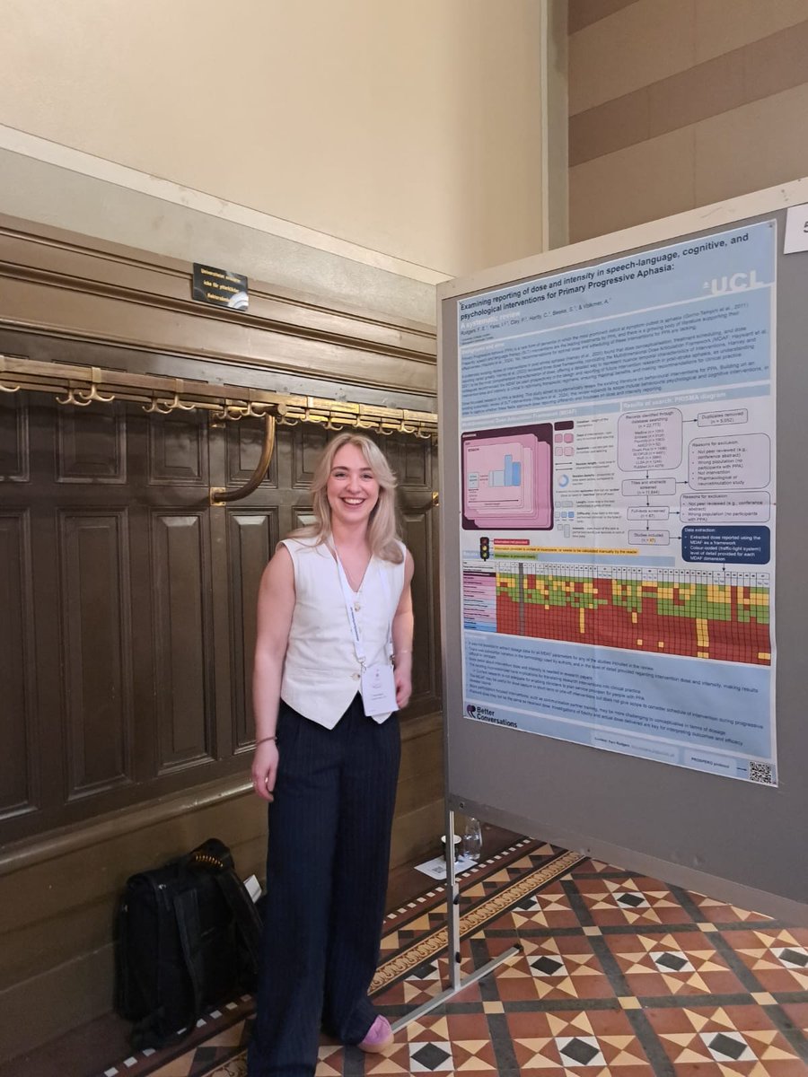 BCAphasia's tweet image. And Fern&apos;s poster on examining how published studies report on dose and intensity for #PPA interventions #BetterConversationsLab #NAC2025