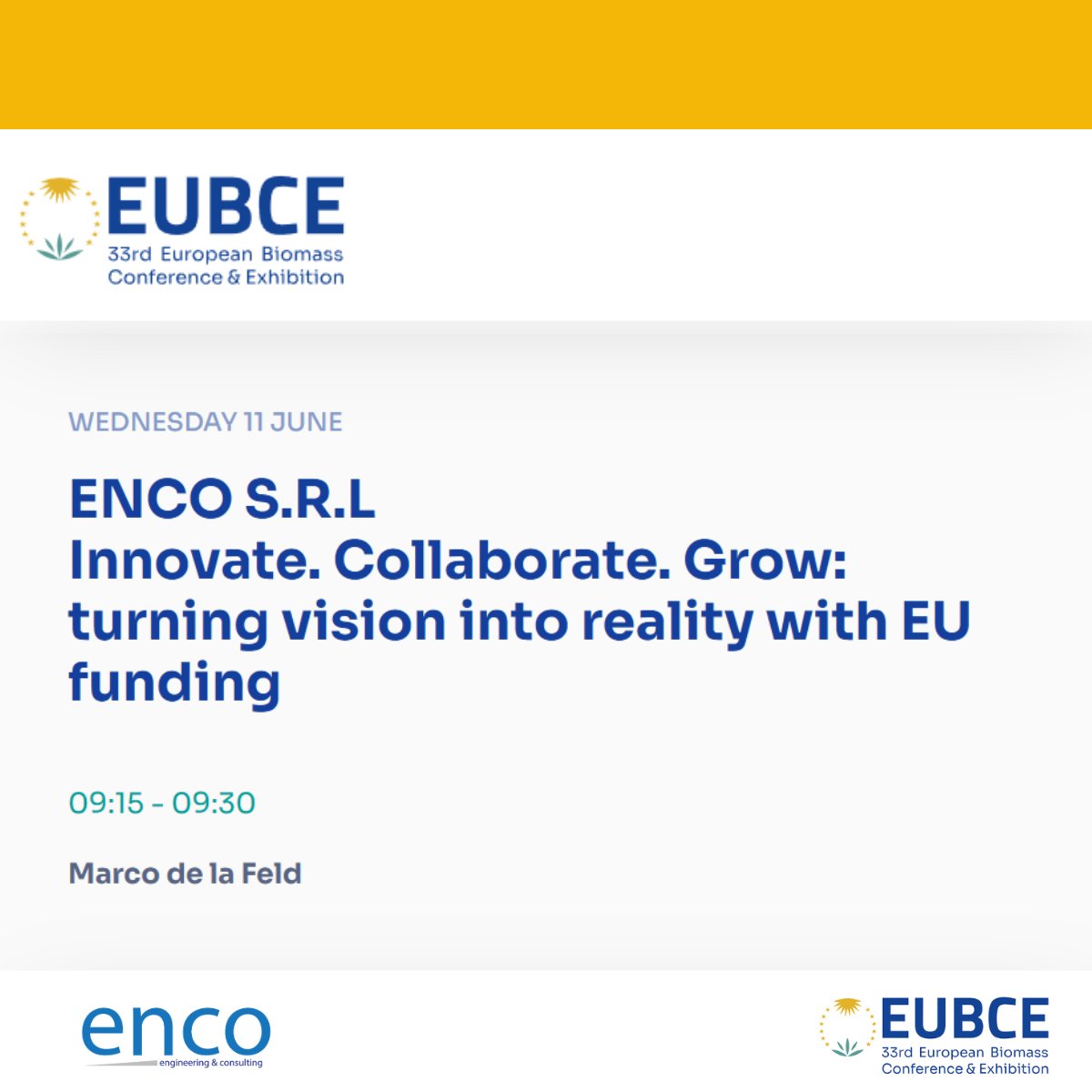ENCO srl (@encosrl) on Twitter photo 🚀 Tomorrow at 09:15 AM, join us at The EUBCE Exhibition Forum!
“Innovate. Collaborate. Grow: turning vision into reality with EU funding.”
Curious to know more? Don’t miss our General Director’s speech! <a href="/EUBCE/">EUBCE - European Biomass Conference and Exhibition</a> 🚀 Tomorrow at 09:15 AM, join us at The EUBCE Exhibition Forum!
“Innovate. Collaborate. Grow: turning vision into reality with EU funding.”
Curious to know more? Don’t miss our General Director’s speech! <a href="/EUBCE/">EUBCE - European Biomass Conference and Exhibition</a>