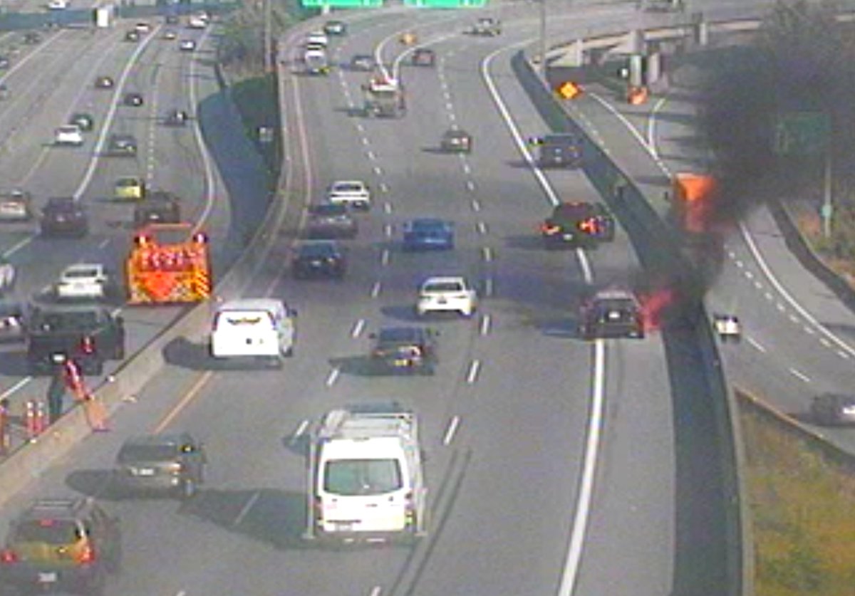 ⚠️#PortMannBridge #BCHwy1 Westbound vehicle fire at the west end has the right #Coquitlam exit lane blocked.