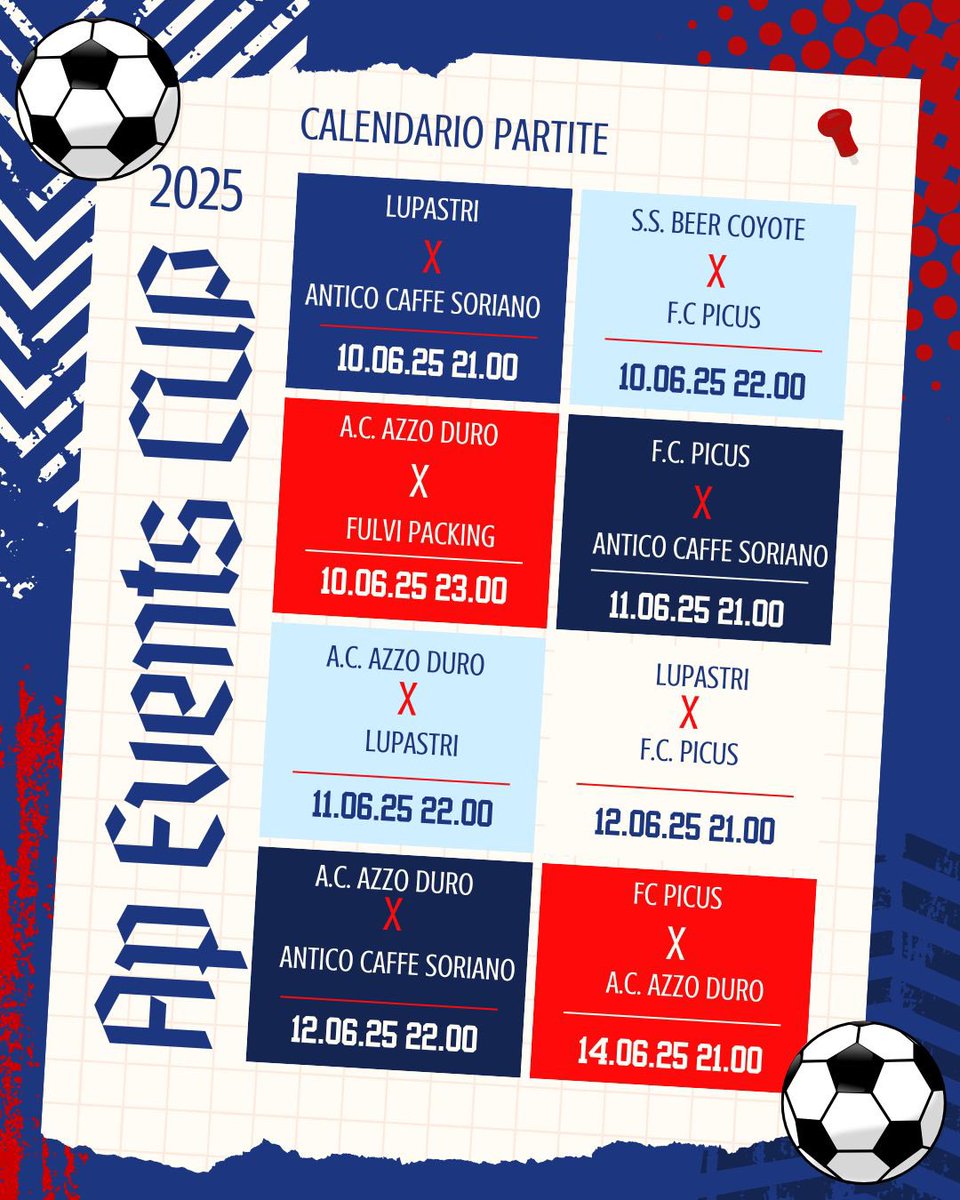 ApEventsaps's tweet image. 🏆⚽ Ap Events Cup 2025 - Calendario Partite ⚽🏆
Non perdere nemmeno un match del torneo!
Ecco il programma ufficiale delle partita 

Non è solo un torneo. É aggregazione. É tifo e calore. Vieni a sostenere i ragazzi. Ti aspettiamo 🔥🔥🔥