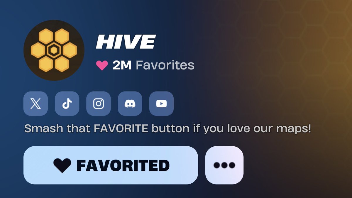 We're proud to announce that Hive is the first ever creator to reach 2 MILLION favorites in Fortnite! 🏆

Thank you to everyone who has supported us, and to our friends at Epic Games for making this dream possible. We can’t wait to show you what’s next… 👀