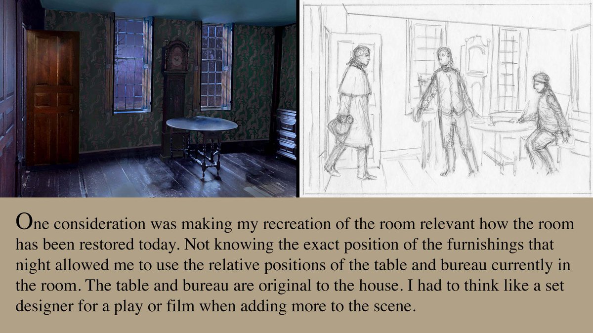 The sketch for the painting of Revere’s arrival in Lexington to warn Hancock &amp; Adams of the British march from Boston.
I first painted the empty room with ambient moonlight and a few pieces of furniture original to the house in 1775. This was the proper angle to tell the story.