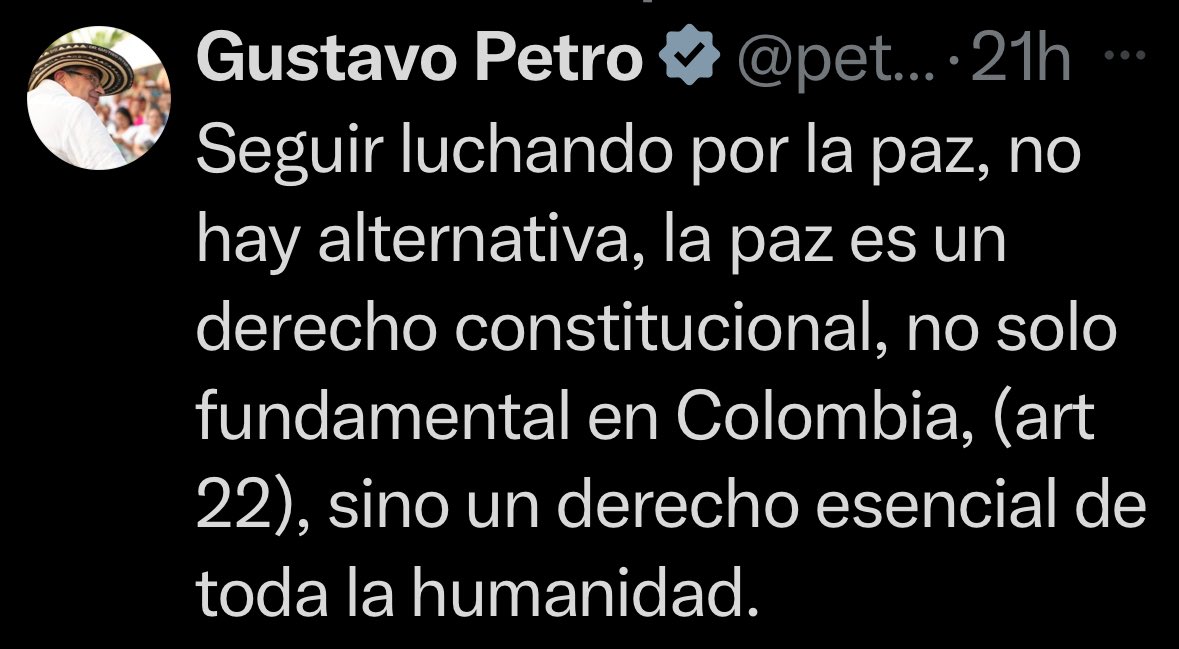 ‼️🇨🇴 Contradicción Intrínseca: 
“Luchar”: conflicto, confrontación, uso de la fuerza. 
La contradicción reside en el medio (lucha) vrs el fin (paz)
Tras los últimos hechos en #Colombia Esto es una invitación a  persistir en el conflicto <a href="/CIDH/">CIDH - IACHR</a>  <a href="/OEA_oficial/">OEA</a>