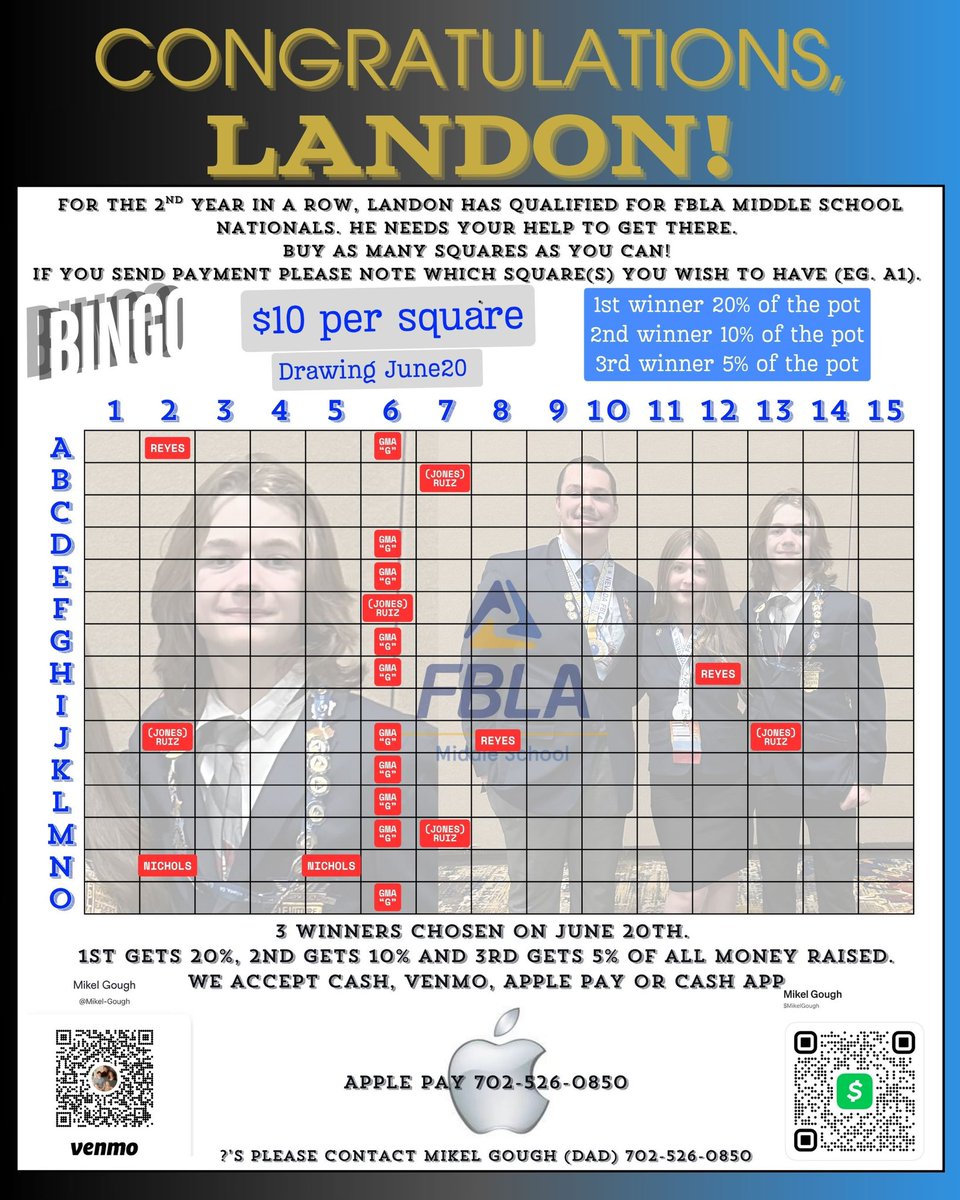 My youngest son Landon has qualified for the 2nd year in a row to represent <a href="/NevadaFBLA/">NevadaFBLA</a> at the 2025 <a href="/FBLA_National/">FBLA National</a> NLC. Help us get him there! Buy as many square for $10 for a chance to win 20%,10%, or 5% of the money raised. Dm me if you are interested.