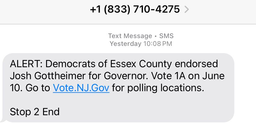 Fun- we have some good old fashioned rat-fucking from some group backing Gottheimer. Obviously false (Essex Count Dems are backing Sherrill), should be condemned, and whichever group sent these texts (I don’t imagine it was Gottheimer’s campaign) should be named and fined.