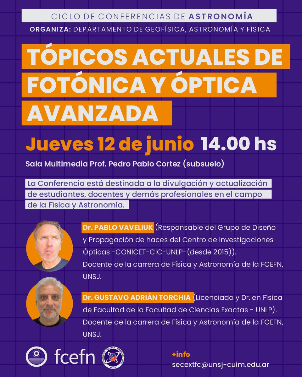 #Astronomía: Conferencia destinada a divulgación y actualización de estudiantes, docentes y demás profesionales en el campo de la Física y Astronomía.
No requiere inscripción previa y es totalmente gratuita.
Para más información, enviar correo a secextfc@unsj-cuim.edu.ar