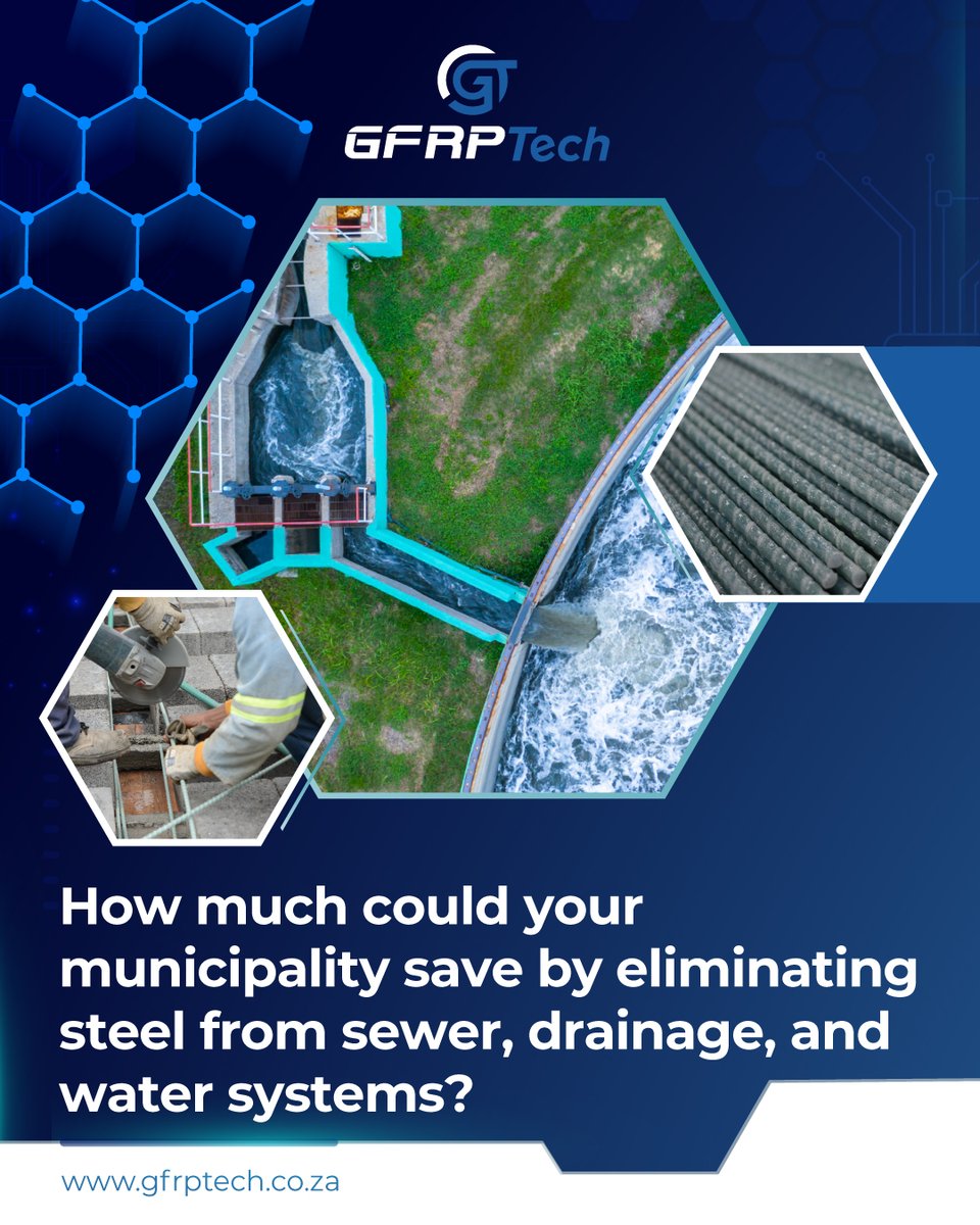 Gfrp_Tech's tweet photo. How much could your municipality save by eliminating steel from sewer, drainage, and water systems?

Steel is especially vulnerable to aggressive environments like wastewater and drainage. EnviraBar doesn’t corrode in acidic or alkaline environments, making it a smarter solution for African water infrastructure. This means fewer bursts, collapses, or shutdowns over time.

Contact our team for your next project: https://t.co/Uya05Rrg5D

#EnviraBar
#Corrosion
#Rebar
#Africa
#Reinforcement
#Construction