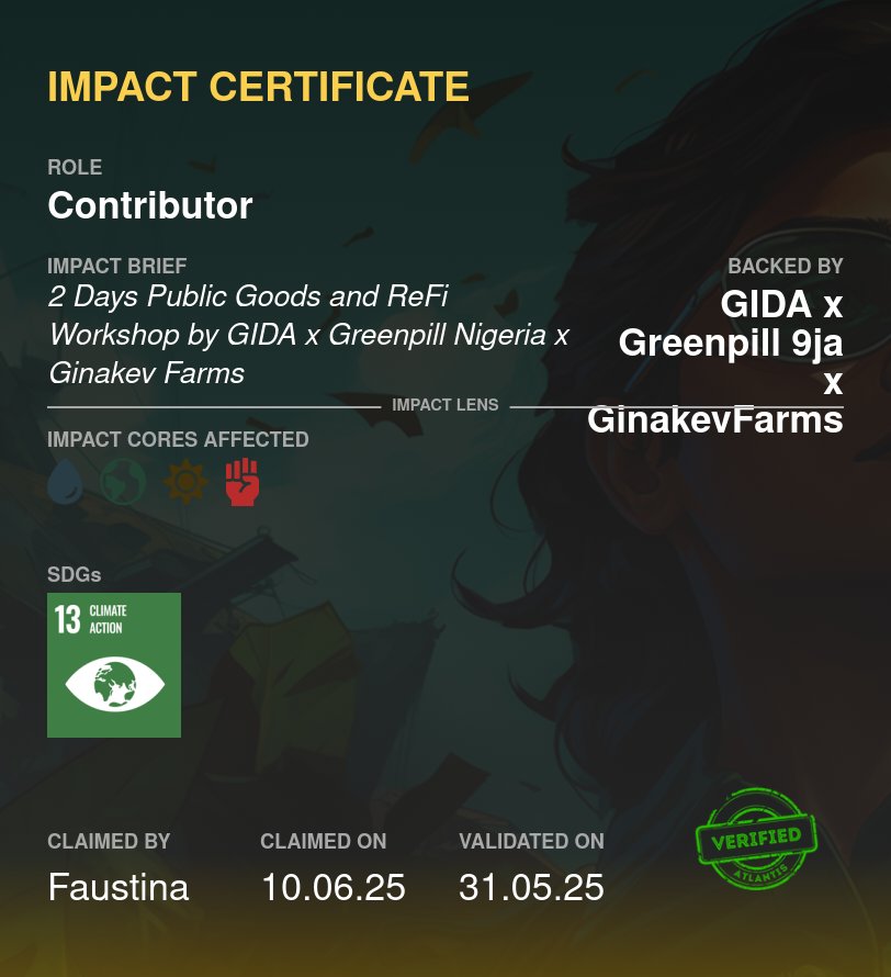 Ujunwa Faustina (@fausty39788) on Twitter photo I just claimed my Impact Certificate from the 2-Day ReFi & Public Goods Workshop hosted by <a href="/GinakevFarms/">Ginakev Farms 🌳🌴🌱</a> <a href="/GreenpillNaija/">GreenPill Nigeria</a>
<a href="/Official_GIDA/">Ginakev Digital Academy (GIDA) ™</a>
Thanks <a href="/kevin_chibuoyim/">Kevin |Ezemmuo Blockchain</a> <a href="/amioantho/">Amio</a> for the opportunity I just claimed my Impact Certificate from the 2-Day ReFi & Public Goods Workshop hosted by <a href="/GinakevFarms/">Ginakev Farms 🌳🌴🌱</a> <a href="/GreenpillNaija/">GreenPill Nigeria</a>
<a href="/Official_GIDA/">Ginakev Digital Academy (GIDA) ™</a>
Thanks <a href="/kevin_chibuoyim/">Kevin |Ezemmuo Blockchain</a> <a href="/amioantho/">Amio</a> for the opportunity