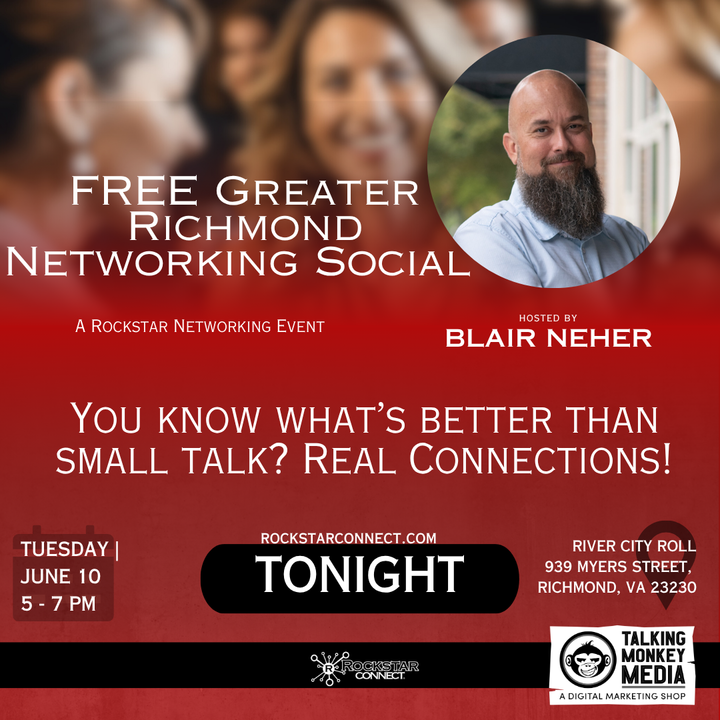 talkingmonkeyva's tweet photo. 🎉 Happening TONIGHT! 🎳

Join us at River City Roll for the Greater Richmond Networking Social 💼
⏰ 5–7 PM — bring your biz cards &amp; let’s connect!

FB: https://t.co/2CCWX9TO1T
🎟️ https://t.co/bGTLTLhSfe

#RVA #RockstarConnect #NetworkingTonight https://t.co/6aQsyLAN23