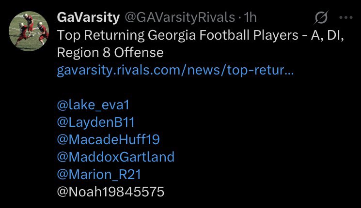 Macade huff (@macadehuff19) on Twitter photo Thank you @GAVarsityRivals for announcing me a top returning receiver for -A, D1, region 8 <a href="/RecruitNE_GA/">RecruitNE_GA</a> <a href="/GeorgiaStateFB/">GSU Football</a> <a href="/GSAthletics_FB/">Georgia Southern Football</a> <a href="/CoachDaniels06/">Coach D</a> <a href="/BerryFootball/">Berry Football</a> <a href="/UFTLfb/">UFTL Football 🦅🏈</a> #uncommitted Thank you @GAVarsityRivals for announcing me a top returning receiver for -A, D1, region 8 <a href="/RecruitNE_GA/">RecruitNE_GA</a> <a href="/GeorgiaStateFB/">GSU Football</a> <a href="/GSAthletics_FB/">Georgia Southern Football</a> <a href="/CoachDaniels06/">Coach D</a> <a href="/BerryFootball/">Berry Football</a> <a href="/UFTLfb/">UFTL Football 🦅🏈</a> #uncommitted