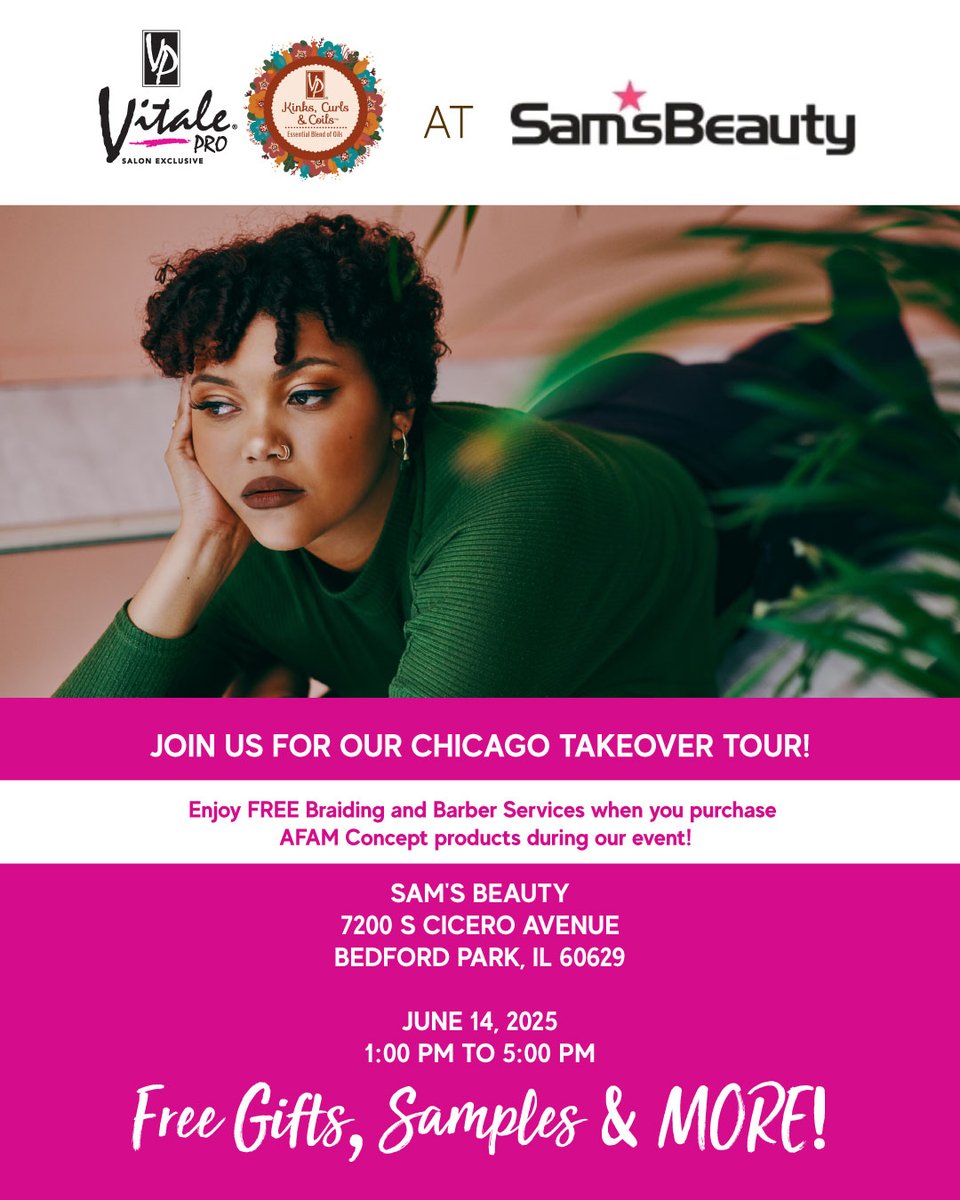 vitale_pro's tweet image. Our Chicago takeover is here! We have giveaways, free samples, and free braiders and barbers to get your hair done as well! Come say hi and check us out!

Please come with clean hair for FREE braid styling and
haircuts.

#AFAMConcept #SummerTimeChi #ChicagoEvents #BeautyEvents