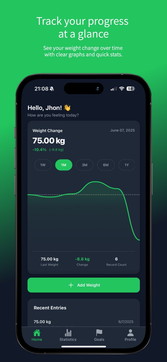 🎉 Weightly is live on the App Store!

📲Apple Health sync
⏰Smart weight reminders
📈Beautiful tracking UI
💡GPT-powered advice (coming soon)

Built with React Native + Expo 🚀

Download now➡️ weighttracking.page.link/AppStore

#ReactNative #Expo #AI #HealthApp #WeightLoss #AppStore #GPT3